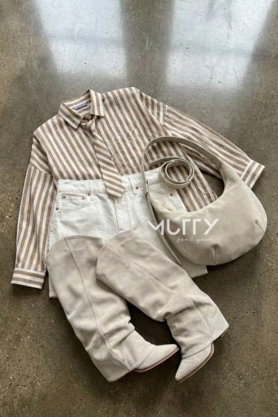 Pesaro Kravatlı Çizgili Gömlek Bej