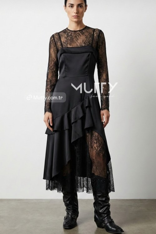 Bromley Dantel Detay Saten Elbise Siyah
