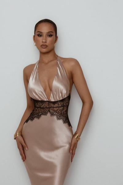Rayo Dantel Detaylı Saten Elbise Bej