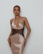 Rayo Dantel Detaylı Saten Elbise Bej