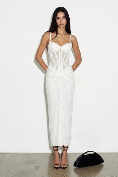 Nina Korse Detaylı Maxi Elbise  Beyaz