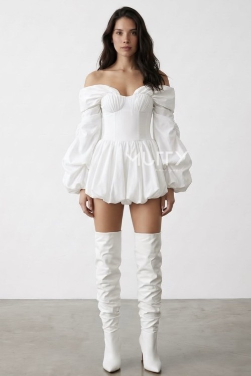 Sutton Balon Kol Elbise Beyaz