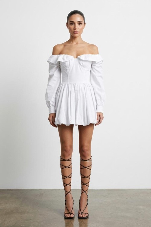 Sutton Balon Kol Elbise Beyaz