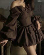 Sutton Balon Kol Elbise Kahverengi