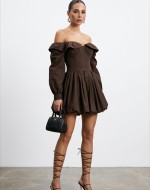 Sutton Balon Kol Elbise Kahverengi