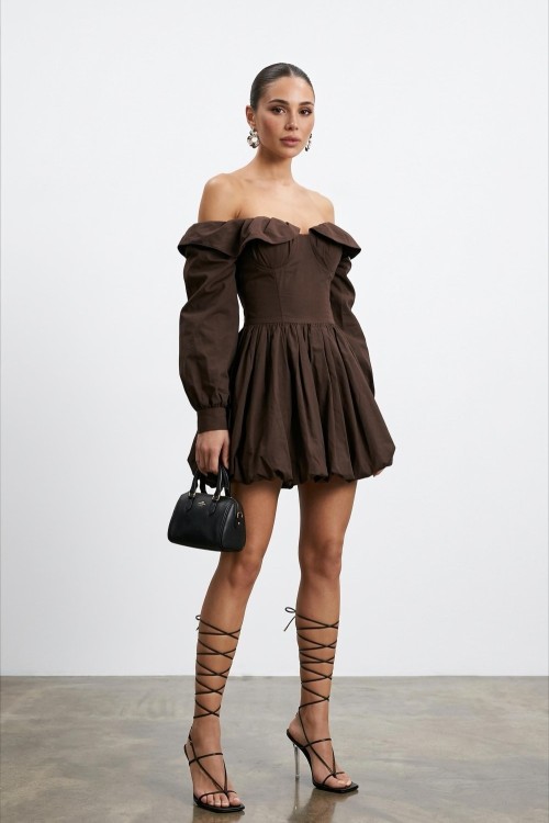 Sutton Balon Kol Elbise Kahverengi