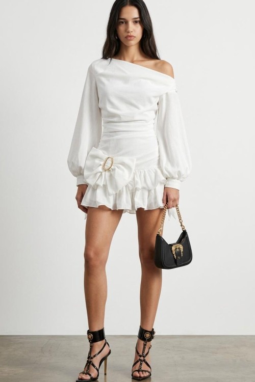 Lugano Tek Omuz Fiyonk Detaylı Elbise Beyaz