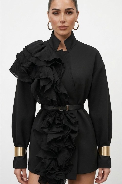 Castellon Volanlı Tasarım Elbise Siyah