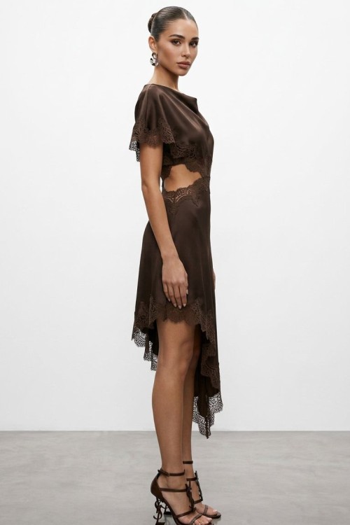 Cordoba Saten Elbise Kahverengi