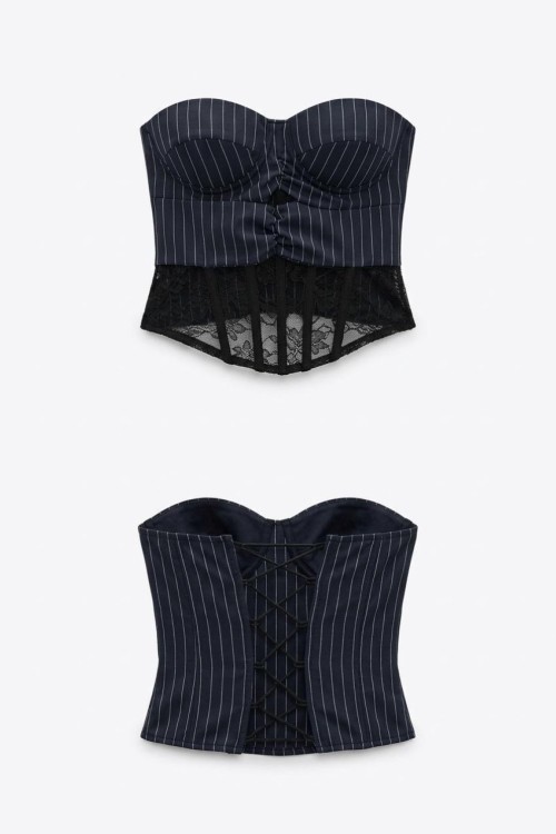Potenza Çizgili Straplez Corset Lacivert