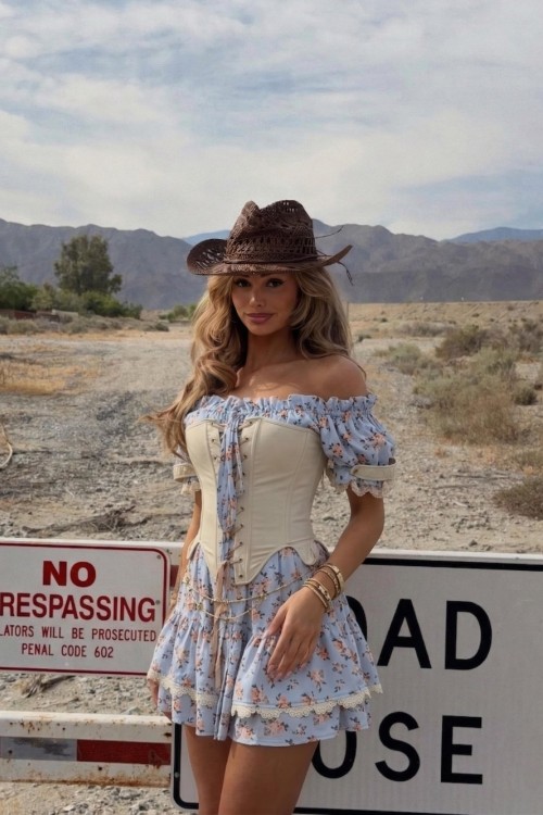 Wisla Çiçekli Korse Detaylı Tasarım Elbise Gök Mavi