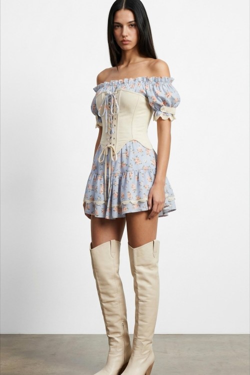 Wisla Çiçekli Korse Detaylı Tasarım Elbise Gök Mavi