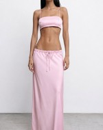 Candy Maxi Etek Crop Saten Set Pembe