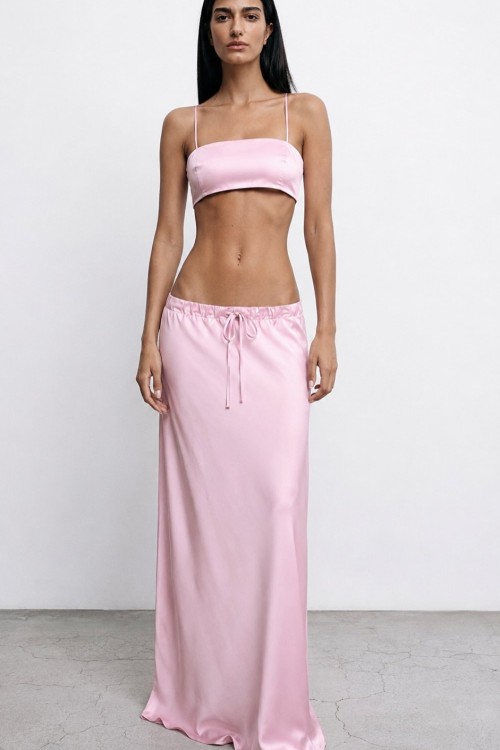 Candy Maxi Etek Crop Saten Set Pembe