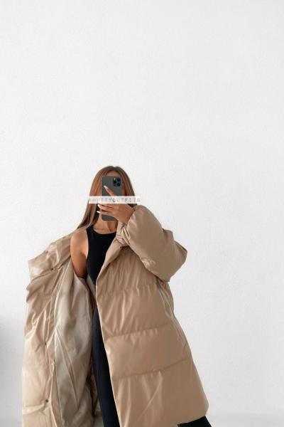Yana Çıtçıtlı Deri Puffer Oversize Kaban Bej