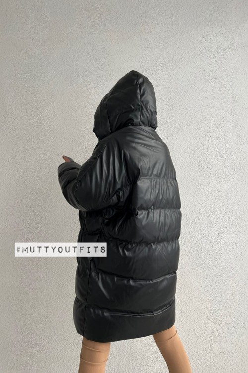 Veronika Kapşonlu Deri Puffer Oversize Kaban Siyah
