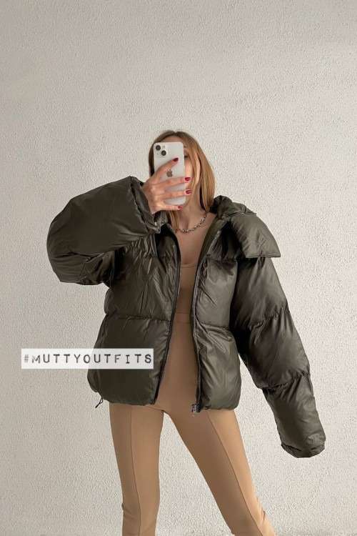 Mariya Yüksek Yaka Puffer Şişme Mont Haki
