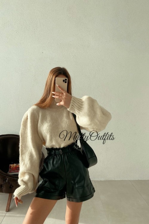 Angel Kuşaklı Yüksek Bel Deri Şort Siyah