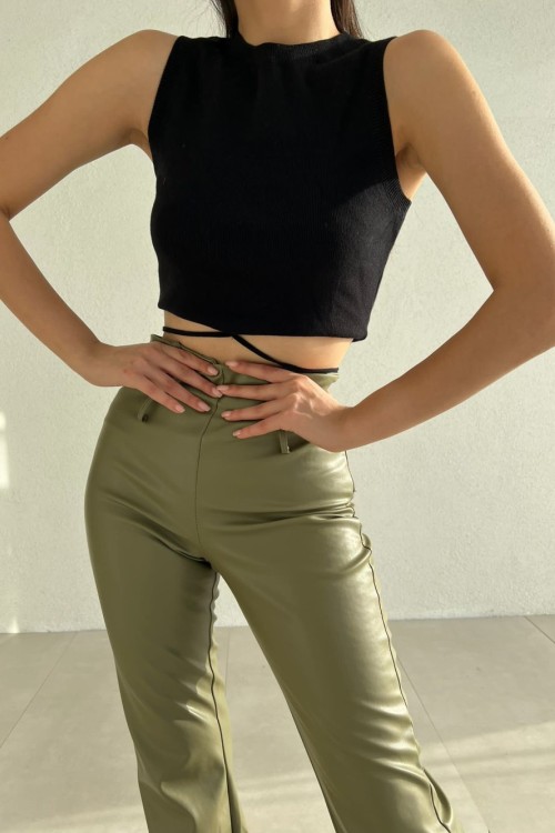 Tina Bel Bağlamalı Örme Triko Crop Siyah