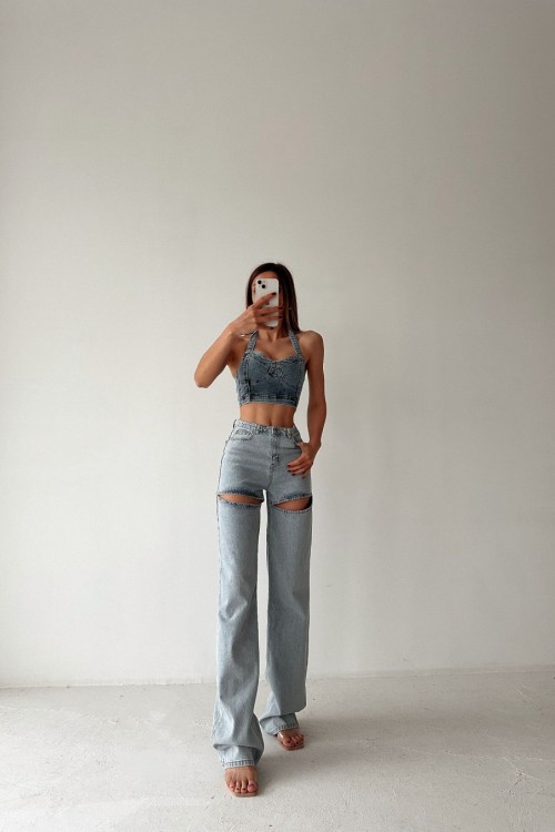 Sasia Denim Crop Mavi