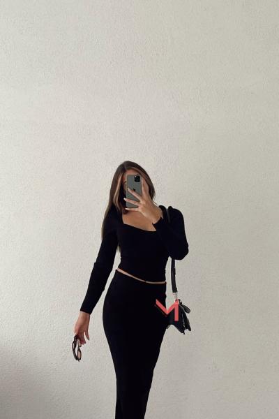 Jane Maxi Etekli İkili Triko Takım Siyah