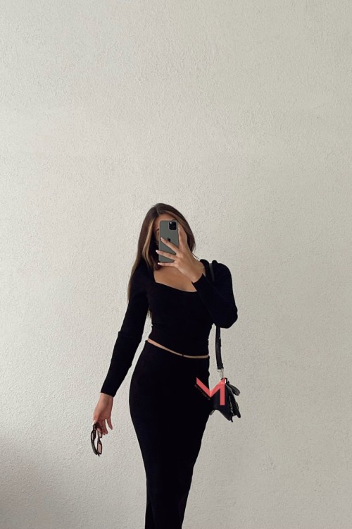 Jane Maxi Etekli İkili Triko Takım Siyah