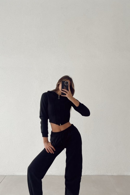 Kita 3 İplik Şardonlu Kapşonlu Eşofman Takımı Siyah