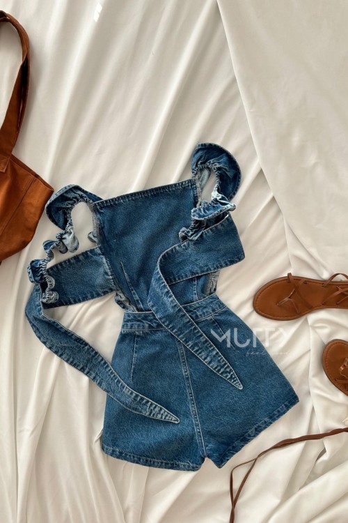 Neoma Askılı Şortlı İthal Tulum Mavi