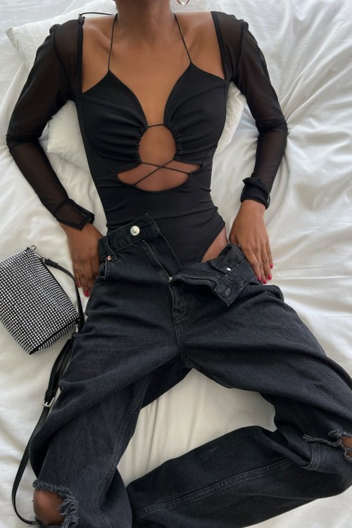 Valerys Önü Bağlamalı Bodysuit Siyah