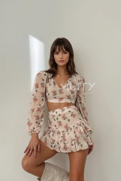 Leylie Şifon Cicekli Crop Bluz Etek Takım  Bej