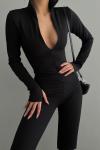 Kity Toparlayıcı Fitilli Fermuarlı Catsuit Siyah