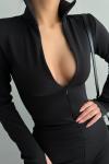 Kity Toparlayıcı Fitilli Fermuarlı Catsuit Siyah