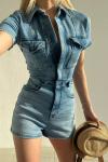 Bogota Orjinal Marka Likralı Şort Denim Tulum Plus Size Açık Mavi