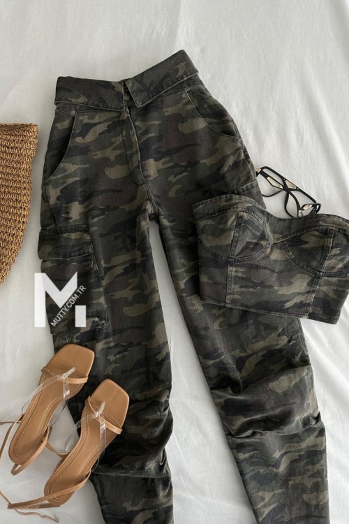 jasira Kamuflaj Denim Crop  Haki