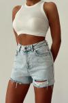Lulu Lazer Kesim Yırtık Detay Kar Yıkama Jean Şort Açık Mavi