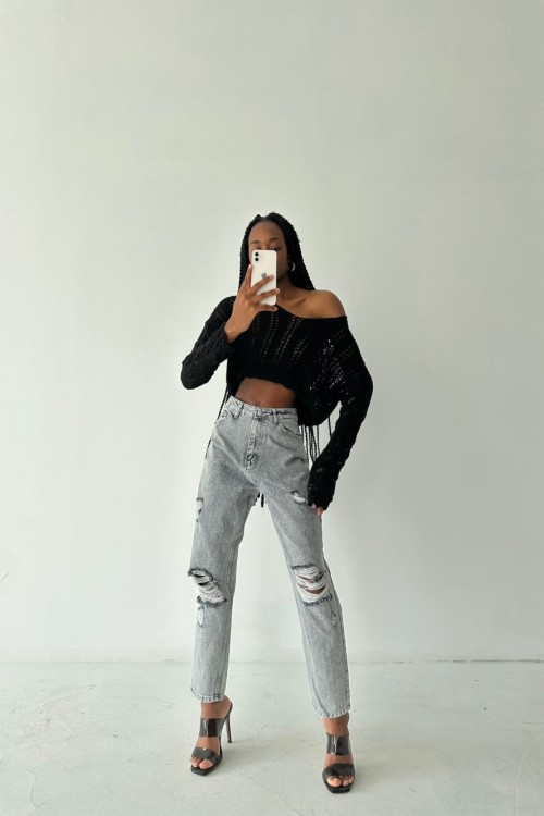 Lase Crop Oversize Kazak Siyah