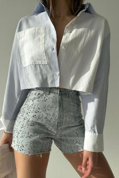 Serry Çift Renk Poplin Crop Gömlek Mavi