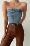 Fiore Fermuarlı Denim Korse Straples Mavi