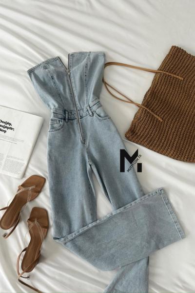 Alina Bol Paça Fermuarlı Straplez Tulum Mavi