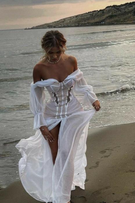 Romantic Series / ALiNA Gloplu Kırısmaz Ithal Kumas Cıft Bacak Yırtmaclı Maxı Boy Elbise  Beyaz