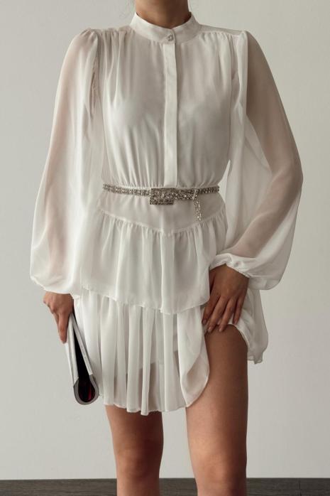 Andressa Balon Kol Eteği Fırfırlı Elbise  Beyaz
