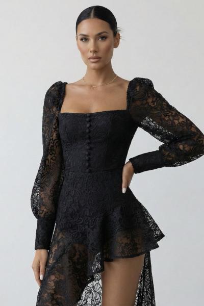 Anfora Dantelli Asimetrik Etekli Tulum  Siyah