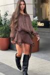 Barcelona Mini Yaka İp Detay Elbise  Acı Kahve