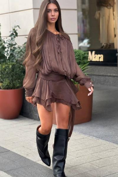 Barcelona Mini Yaka İp Detay Elbise  Acı Kahve