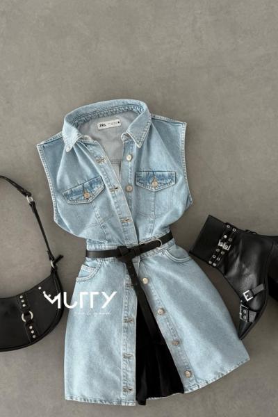 Çift Cep Denim Kot Elbise Mavi