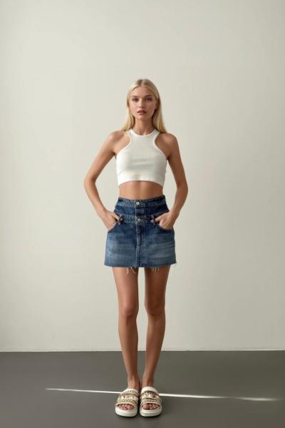 Çift Kemer Detay Kot Etek Mavi