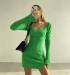 Clair Triko Kalp Yaka Mini Yırtmaçlı Elbise  Yeşil