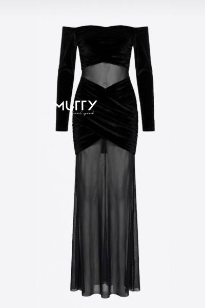 Cloe Transparan Detay Prenses Yaka Maxi Elbise Siyah