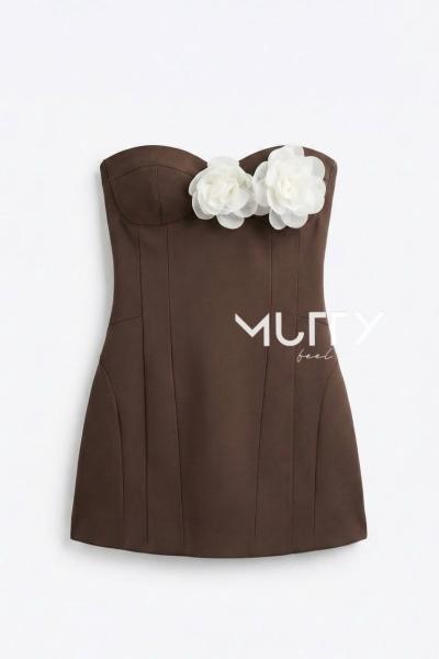 Como Gül Detaylı Straplez Elbise Kahverengi