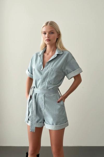 Deny Kuşaklı Şortlu Jean Tulum Mavi